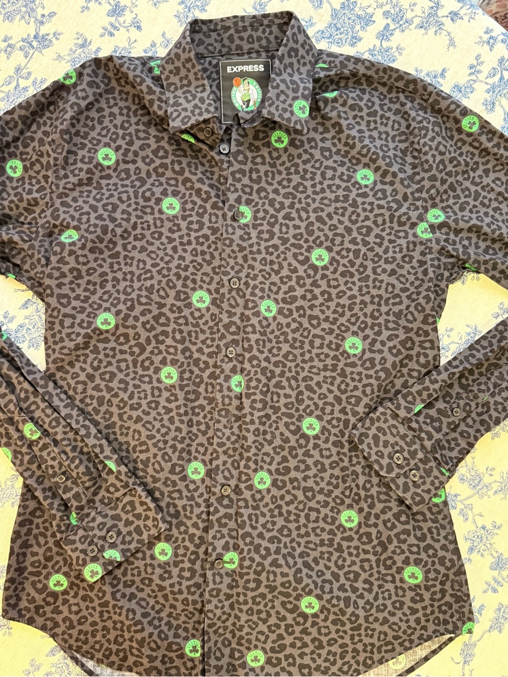 Express Men’s Black Leopard Print Button-Down Shirt with Green Boston Celtics